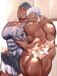  2boys aegir_(housamo) apron bara blue_hair blush bulge completely_nude dagon_(housamo) erection erection_under_clothes grabbing grey_apron grey_hair highres large_pectorals looking_at_viewer male_focus mature_male multicolored_hair multiple_boys muscular muscular_male naked_apron nude pectoral_grab pectorals sat0_syohei short_hair smile teeth thick_thighs thighs tokyo_afterschool_summoners two-tone_hair white_hair yaoi 