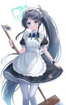  1girl absurdres apron aris_(blue_archive) aris_(maid)_(blue_archive) back_bow black_dress black_hair blue_archive blue_bow blue_bowtie blue_eyes bow bowtie broom closed_mouth dress frilled_apron frills halo highres holding holding_broom long_hair looking_at_viewer maid_apron maid_headdress official_alternate_costume pantyhose ponytail seungju_lee short_sleeves simple_background smile solo very_long_hair white_apron white_bow white_pantyhose 