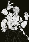  1boy absurdres arm_tattoo black_background black_nails black_pants chest_tattoo demon extra_arms extra_eyes extra_mouth facial_tattoo fangs fighting_stance highres jujutsu_kaisen l.r.silva looking_at_viewer male_focus monochrome muscular muscular_male open_mouth pants ryoumen_sukuna_(jujutsu_kaisen) short_hair smirk stomach_mouth tattoo teeth tongue tongue_out topless_male 