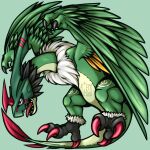 angry anthro armor avian bandai_namco bird digimon digimon_(species) feathers feet galemon green_body green_feathers headgear helmet horn male mask neck_tuft purple_eyes sharp_teeth solo stray_wurr talons teeth toes tuft winged_arms wings