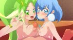  2girls asymmetrical_docking blue_eyes blue_hair breast_press breasts butterfly_hair_ornament couch embarrassed green_eyes green_hair hair_ornament high_ponytail highres jewelpet_(series) jewelpet_magical_change jewelry large_breasts larimer long_hair medium_breasts multicolored_hair multiple_girls non-web_source parted_bangs pendant penis peridot_(jewelpet) press short_hair smile teiputi two-tone_hair v very_long_hair 