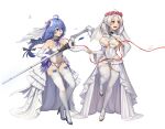  2girls absurdres ahoge alternate_breast_size blue_eyes blue_hair bouncing_breasts braid breasts bridal_garter bridal_lingerie bridal_veil bride brown_eyes capelet choker cleavage crystal darpi elbow_gloves falling_petals flower frilled_choker frills full_body garter_belt gloves groin hair_flower hair_ornament head_wreath high_heels highres holding holding_staff holding_wand large_breasts lingerie lipstick long_bangs looking_to_the_side mage_staff makeup medium_hair midriff multiple_girls mushoku_tensei navel neck_ribbon open_mouth petals pink_flower pointy_ears purple_flower purple_footwear ribbon roxy_migurdia signature simple_background skindentation small_breasts smile staff standing standing_on_one_leg stiletto_heels sylphiette_(mushoku_tensei) teeth thigh_gap thighhighs twin_braids underwear veil walking wand white_background white_capelet white_footwear white_gloves white_hair white_thighhighs wide_sleeves 