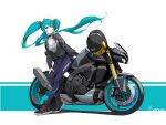  1girl absurdres aqua_background aqua_eyes aqua_hair black_footwear blue_pants boots choker closed_mouth grey_jacket grey_shirt hand_on_own_leg hatsune_miku helmet highres jacket leaning_against_motorcycle leather leather_pants light_blush long_hair long_sleeves looking_at_viewer motor_vehicle motorcycle motorcycle_helmet pants partially_unzipped print_jacket print_pants shiba_inuza shirt shoei simple_background solo two-tone_background unworn_headwear vehicle_focus vocaloid white_background wind yamaha yamaha_mt-10 