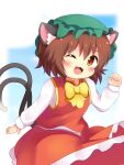  1girl ;3 ;d animal_ear_fluff animal_ears blue_background blurry blurry_background blush bow bowtie brown_eyes brown_hair cat_ears cat_tail chen commentary_request cowboy_shot fangs gold_trim green_headwear hair_between_eyes hand_up hat highres koruk700 looking_at_viewer mob_cap multiple_tails nekomata one_eye_closed open_mouth red_skirt red_vest short_hair simple_background skirt skirt_set slit_pupils smile solo tail touhou two_tails vest white_background yellow_bow yellow_bowtie 