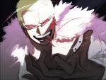  1boy absurdres black_background blonde_hair blood coat donquixote_doflamingo earrings feather_coat highres jewelry looking_at_viewer male_focus one_piece open_clothes open_mouth outstretched_arm pink_coat portrait sekimoto_(zrrg4457) shirt smile sunglasses teeth thread tongue tongue_out white_shirt 