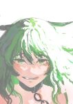  1girl black_souls chain collar goddkilly green_eyes green_hair grin highres leaf_(black_souls) licking_lips long_hair looking_at_viewer medium_hair messy_hair metal_collar portrait simple_background smile solo tongue tongue_out white_background 