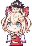  &gt;:( 2girls anger_vein animal_ears ascot blonde_hair blue_eyes bow chibi cosplay crossed_bangs detached_sleeves dog_ears double-parted_bangs fang frown fuwawa_abyssgard hair_between_eyes hair_bow hakurei_reimu hakurei_reimu_(cosplay) highres hololive hololive_english kirisame_marisa kirisame_marisa_(cosplay) mococo_abyssgard moon_ldl multicolored_hair multiple_girls nontraditional_miko official_alternate_hairstyle pink_hair red_bow red_shirt red_skirt shirt siblings skin_fang skirt streaked_hair sweatdrop touhou twins twintails upturned_eyes v-shaped_eyebrows virtual_youtuber yellow_ascot 
