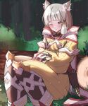  1girl animal_ear_fluff animal_ears blush brown_eyes commentary day feet_out_of_frame forest grey_hair highres jumpsuit juneplums knees_up log long_sleeves nature nia_(xenoblade) on_grass one_eye_closed outdoors puffy_long_sleeves puffy_sleeves sheath sitting solo tree xenoblade_chronicles_(series) xenoblade_chronicles_2 yellow_jumpsuit 