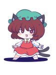 1girl :3 :d animal_ear_fluff animal_ears arms_up bow bowtie bright_pupils brown_eyes brown_hair cat_ears cat_tail chahan_(fried_rice0614) chen chibi commentary_request fang full_body green_headwear hat highres legs_apart long_sleeves looking_at_viewer mob_cap multiple_tails nekomata open_mouth petticoat puffy_long_sleeves puffy_sleeves red_skirt red_vest shadow short_hair simple_background skirt skirt_set smile solo standing tail touhou two_tails v-shaped_eyebrows vest white_background white_pupils yellow_bow yellow_bowtie 