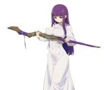  1girl blunt_bangs breast_press breast_rest breasts carried_breast_rest carrying closed_mouth commentary covered_navel dress fern_(sousou_no_frieren) highres holding holding_staff large_breasts long_sleeves mage_staff purple_eyes purple_hair sidelocks simple_background sousou_no_frieren staff standing white_background white_dress yd_(orange_maru) 
