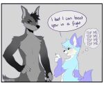 2024 anthro artist_name blue_body blue_fur canid canine dialogue digital_media_(artwork) duo english_text fingerless_(marking) fox fur gloves_(marking) grey_background looking_at_another mammal markings simple_background speech_bubble spraykitty text thought_bubble