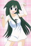  1girl bare_shoulders black_ribbon blush_stickers dress flat_chest green_eyes hair_flaps highres iyamaid long_hair ribbon saya_(saya_no_uta) saya_no_uta solo sundress white_dress 