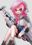  1girl black_shorts closed_mouth commentary_request diagonal_bangs e-liter_4k_(splatoon) earrings eyebrow_cut gun highres holding holding_gun holding_weapon icebo_x_x inkling inkling_girl invisible_chair jacket jewelry long_hair pink_hair pointy_ears red_eyes shorts simple_background sitting sleeves_past_wrists smile solo splatoon_(series) splatoon_3 tentacle_hair weapon white_background 