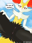 absurd_res anthro artmaphoxy braixen butt canid canine digital_media_(artwork) female fur generation_6_pokemon genitals hi_res inner_ear_fluff looking_at_viewer mammal nintendo nude pokemon pokemon_(species) pussy solo tail tuft yellow_body yellow_fur