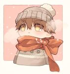  1boy beanie border breath brown_hair chibi cropped_arms cropped_torso fate/extra fate/extra_ccc fate_(series) grey_headwear hair_between_eyes hat highres kishinami_hakuno_(male) long_sleeves looking_afar looking_up male_focus outside_border parted_lips pink_background pom_pom_(clothes) pom_pom_beanie red_scarf scarf short_hair solo tokikane_mikan white_border winter_clothes yellow_eyes 