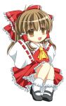  1girl :d ascot black_footwear bow brown_eyes brown_hair chibi collared_shirt commentary_request frilled_bow frilled_hair_tubes frilled_shirt_collar frilled_skirt frilled_socks frills full_body hair_bow hair_tubes hakurei_reimu long_hair looking_at_viewer mary_janes medium_bangs morinaga_hinase open_mouth red_bow red_shirt red_skirt ribbon-trimmed_sleeves ribbon_trim shirt shoes sidelocks simple_background skirt skirt_set sleeves_past_wrists smile socks solo touhou white_background white_sleeves white_socks yellow_ascot 