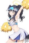  1girl absurdres animal_ears arm_up armpits bare_arms bare_shoulders black_hair blue_archive blue_eyes blush breasts cheering cheerleader cowboy_shot crop_top dog_ears dog_girl dog_tail eyewear_on_head hair_ornament halo hibiki_(blue_archive) hibiki_(cheer_squad)_(blue_archive) highres holding long_hair looking_at_viewer medium_breasts midriff millennium_cheerleader_outfit_(blue_archive) miniskirt navel official_alternate_costume pleated_skirt pom_pom_(cheerleading) skirt sleeveless solo standing star_sticker sticker_on_face stomach tail text_print white_background yzr_(yzr99) 