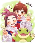  2boys :d blush brown_eyes brown_hair closed_eyes collared_shirt commentary_request florian_(pokemon) hand_up happy heart highres jacket kieran_(pokemon) long_sleeves male_focus mochi_(mocchi_p_2m) multicolored_hair multiple_boys open_mouth pokemon pokemon_(creature) pokemon_sv politoed purple_hair red_shirt shirt sleeveless sleeveless_shirt smile star_(symbol) tank_top teeth two-tone_hair upper_teeth_only v white_jacket white_shirt 