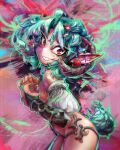 anime_eyes anime_style anthro colorful fallout161 female green_hair hair hi_res horn humanoid neonaustinite raised_tail red_eyes solo tail