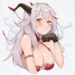  1girl :&lt; aegir_(azur_lane) aegir_(golden_dragon_among_auspicious_clouds)_(azur_lane) armlet azur_lane black_gloves blush breasts cleavage closed_mouth commentary cropped_torso dkyung004 double-parted_bangs dragon_horns gloves grey_background grey_hair hair_on_horn horns large_breasts long_hair looking_at_viewer multicolored_hair official_alternate_costume red_hair simple_background skindentation solo streaked_hair two-tone_hair upper_body yellow_eyes 
