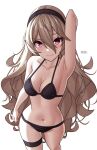  1girl absurdres artist_name bikini black_bikini black_hairband blush breasts cleavage collarbone corrin_(female)_(fire_emblem) corrin_(fire_emblem) fire_emblem fire_emblem_fates grey_hair hair_between_eyes hairband highres long_hair looking_at_viewer navel pointy_ears red_eyes simple_background solo swimsuit thighs white_background x_xith_x 
