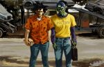  2boys car colored_skin denim dragon_ball dragon_ball_z green_skin jeans motor_vehicle multiple_boys nina_matsumoto official_alternate_costume orange_shirt pants parody piccolo pulp_fiction shirt son_goku spiked_hair standing 