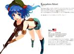  absurdres alternate_costume american_flag assault_rifle bare_shoulders blue_eyes blue_hair boots crop_top gun hair_ornament hat highres jewelry kawashiro_nitori key leaning_forward looking_to_the_side m16a1 midriff nanahara_fuyuki navel open_mouth pendant rifle scan short_hair shorts smile solo standing touhou translation_request two_side_up weapon 