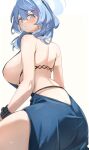  1girl absurdres ako_(blue_archive) ako_(dress)_(blue_archive) anger_vein ass backless_dress backless_outfit band_(skymole01) bare_arms bare_shoulders blue_archive blue_eyes blue_hair blue_halo blush breasts closed_mouth commentary dress earrings from_behind halo highres jewelry large_breasts looking_at_viewer looking_back medium_hair official_alternate_costume simple_background solo 