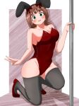  amami_haruka animal_ears bare_shoulders black_thighhighs blush breasts brown_hair cleavage collarbone fake_animal_ears green_eyes highres holding holding_pole idolmaster idolmaster_(classic) idolmaster_million_live! leotard looking_at_viewer on_one_knee playboy_bunny pole rabbit_ears red_leotard sakurada_p strapless strapless_leotard thighhighs v 