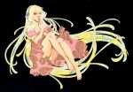  1girl absurdly_long_hair animal_ears artist_name bare_legs bare_shoulders barefoot black_background blonde_hair brown_eyes chii chobits clenched_hand commentary dress english_commentary floral_print full_body hand_on_own_chest hand_on_own_face long_hair looking_at_viewer open_mouth panties pantyshot pink_dress pink_sleeves short_dress short_sleeves simple_background solo toes underwear very_long_hair white_panties yutaan 