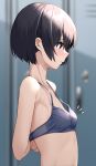  1girl absurdres adjusting_bra adjusting_clothes arms_behind_back black_hair blue_bra blush bra breasts closed_mouth commentary_request from_side highres indoors kiona_(giraffe_kiona) notice_lines original purple_eyes short_hair small_breasts solo underwear underwear_only undressing 
