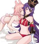  2girls animal_ears bare_shoulders black_headwear black_necktie blue_bow blush bow breasts chevreuse_(genshin_impact) closed_mouth detached_sleeves ear_blush ear_bow eyepatch genshin_impact hair_bow hair_ornament hat heart heart_hair_ornament highres linea_alba mole mole_under_mouth multicolored_hair multiple_girls navel necktie phase_connect pink_bow pink_eyes pink_hair pipkin_pippa purple_eyes rabbit_ears rabbit_hair_ornament rabbit_tail sakuyvi shadow short_necktie streaked_hair sweat tail tongue twitter_username white_hair yuri 