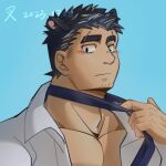  1boy adjusting_clothes adjusting_necktie animal_ears artist_request bara cat_ears eyebrow_cut facial_hair goatee_stubble highres huge_eyebrows large_pectorals light_blush looking_at_viewer loose_necktie male_focus muscular muscular_male necktie original pectoral_cleavage pectorals portrait short_hair sideburns_stubble solo stubble 