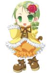 1girl :d ankle_bow blush bow brown_bow brown_footwear brown_ribbon chibi coat commentary_request drill_hair flower frilled_sleeves frills green_eyes green_hair hair_ornament heart heart_hair_ornament holding holding_umbrella juliet_sleeves kanaria lolita_fashion long_sleeves looking_at_viewer medium_hair morinaga_hinase neck_ribbon open_mouth orange_romper pantyhose puffy_sleeves red_flower red_rose ribbon rose rozen_maiden short_bangs simple_background sleeve_bow smile solo swept_bangs twin_drills umbrella white_background white_pantyhose yellow_bow yellow_coat 