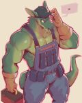 absurd_res anthro clothed clothing dragon gloves green_body green_scales handwear hat headgear headwear hi_res male muscular muscular_anthro muscular_male overalls pecs plumber scales scalie solo toolbox wolfanine