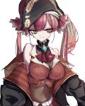  1girl ascot bicorne breasts cleavage covered_navel donki_(dodododonkidon) eyelashes hat heterochromia highres hololive houshou_marine houshou_marine_(1st_costume) large_breasts leotard leotard_under_clothes long_hair off_shoulder pirate_hat red_ascot red_hair see-through see-through_cleavage see-through_leotard sleeveless sleeveless_jacket smile solo twintails upper_body virtual_youtuber white_background yellow_eyes 