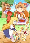  apron blonde_hair bow comic cup dora_ita dual_persona hair_bow horn_ribbon horns ibuki_suika long_hair low-tied_long_hair minigirl multiple_girls ribbon sakazuki shanghai_doll touhou translation_request tree waist_apron 