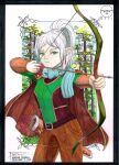  1girl absurdres aiming alternate_weapon archery arrow_(projectile) artist_logo belt blue_scarf bow_(weapon) character_name commentary dated drop_earrings earrings english_commentary fanaticfrancis forest frieren green_eyes grey_hair high_ponytail highres jewelry long_hair marker_(medium) nature parted_bangs pointy_ears quiver scarf solo sousou_no_frieren traditional_media twintails vambraces weapon 