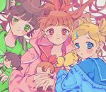  3girls :/ :o babibu_baby black_hair blonde_hair blossom_(ppg) blue_cardigan blue_eyes blue_serafuku blush_stickers bow bubbles_(ppg) buttercup_(ppg) cardigan character_doll closed_mouth color_coordination commentary doll glaring green_eyes green_jacket green_nails green_serafuku grey_background hair_bow hair_ornament hair_rings hair_spread_out hairclip highres holding holding_doll hood hood_down hoodie jacket letterman_jacket long_hair looking_at_viewer looking_back multiple_girls off_shoulder open_mouth orange_hair pink_eyes pink_hoodie pink_serafuku ponytail powerpuff_girls powerpuff_girls_z red_bow red_nails school_uniform serafuku signature smirk swept_bangs symbol-only_commentary uneven_eyes upper_body 