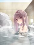  1girl blush breasts brown_hair closed_mouth commentary_request from_side highres long_hair looking_at_viewer nipples onsen original paid_reward_available partially_submerged pink_eyes sitting small_breasts smile solo tenjou_ryuka 