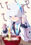  1girl blue_archive blue_necktie blush chopsticks collared_shirt food grey_hair halo highres holding holding_chopsticks jacket long_hair long_sleeves mechanical_halo necktie noa_(blue_archive) noodles purple_eyes ramen shirt solo sweat tonomiya68 white_jacket white_shirt 