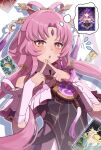  1girl blush fidgeting flying_sweatdrops forehead_jewel fu_xuan_(honkai:_star_rail) genkigamichiru hair_ornament hairpin highres honkai:_star_rail honkai_(series) index_fingers_together long_hair low_twintails open_mouth pink_hair solo thought_bubble twintails very_long_hair yellow_eyes 