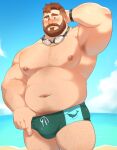  1boy arm_hair armpit_stubble bara beach beard belly blush brown_hair coral_island cowboy_shot dogoronumber3 facial_hair finger_under_clothes full_beard goggles goggles_around_neck green_male_swimwear hairy highres huge_pectorals male_focus male_swimwear male_swimwear_pull mark_(coral_island) muscular muscular_male plump pulled_by_self sand short_hair shy smile solo sparse_arm_hair sparse_chest_hair sparse_leg_hair sparse_navel_hair sunlight swim_briefs thick_beard water 