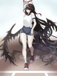  1girl black_hair black_shorts black_wings blue_archive breasts gym_shirt gym_shorts gym_uniform halo headband highres komena_(shinyday312) large_breasts long_hair looking_at_viewer melting_halo open_mouth red_footwear red_halo red_headband shirt shoes short_sleeves shorts socks solo tsurugi_(blue_archive) very_long_hair white_shirt white_socks wings 