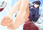  1girl absurdres bare_legs barefoot black_hair blue_shirt blurry blurry_foreground bow bowtie breasts closed_mouth cloud expressionless feet foot_focus foreshortening from_below hand_up highres knees_up komi-san_wa_komyushou_desu komi_shouko large_breasts legs long_hair long_sleeves looking_at_viewer mary_janes mbr90munouk presenting_foot purple_eyes red_bow red_bowtie red_skirt school_uniform shirt shoes signature skirt sky soles solo striped_bow striped_bowtie striped_clothes striped_skirt toenails toes twitter_username unworn_shoes watermark 