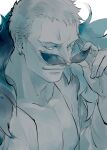  ahi_tb arm_up blonde_hair blue_eyes breasts cleavage donquixote_doflamingo earrings feather_coat highres jewelry male_focus monochrome one_piece open_clothes pectorals portrait removing_eyewear shirt short_hair simple_background smile sunglasses white_background white_shirt 