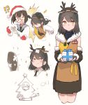  !? 2girls absurdres animal_ears apron black_hair brown_hair c2-chan c2_kikan closed_mouth crossed_bandaids detached_sleeves fake_animal_ears fake_antlers fish food fur_trim glasses hat highres holding holding_food ma_rukan multiple_girls multiple_views name_tag one_eye_closed open_mouth re-ka-chan sailor_collar santa_hat simple_background sparkle white_background white_sailor_collar 