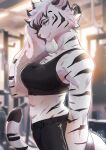 abs absurd_res after_exercise anthro black_stripes blue_eyes breasts chest_tuft clothing felid female fur gym hi_res mammal nonoka917 pantherine solo striped_body striped_fur stripes tiger towel tuft white_body white_fur