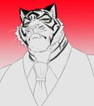 2023 absurd_res amber_sclera anthro bengal_tiger clothed clothing dhanisani epic_games fangs felid fortnite fur half-length_portrait hi_res inner_ear_fluff looking_at_viewer looking_down male mammal necktie oscar_(fortnite) pantherine portrait red_background sharp_teeth simple_background sketch solo striped_body striped_fur stripes teeth tiger topwear tuft vest whiskers