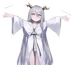  1girl \||/ arrow_(symbol) black_choker black_ribbon blush choker collarbone controlline3 counter:side dress grey_eyes grey_hair hair_between_eyes hair_intakes highres horn_flower horn_ornament horns long_hair long_sleeves looking_at_viewer navel outstretched_arms panties partially_unzipped ribbon shepherd_(counter:side) simple_background smile solo spread_arms standing straight_hair underwear variant_set very_long_hair white_background white_dress white_panties 